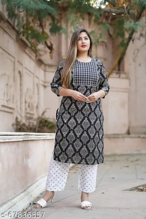 Rayon embroidered straight kurta with palazzo in printed net design, three-quarter sleeves - Women's fashion from India