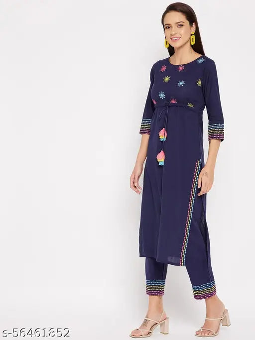 WineRed embroidered cotton kurta and pant set for women, three-quarter sleeve, single piece, India origin
