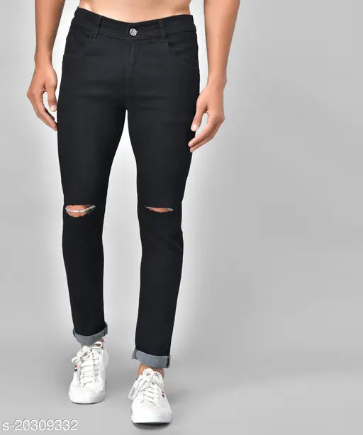 Slim fit black denim knee cut jeans, StyleFit men's solid style - size 28/30/32 (waist 28in, 30in, 32in, length 43in)