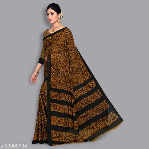 Brown and black Georgette saree, unstitched blouse piece