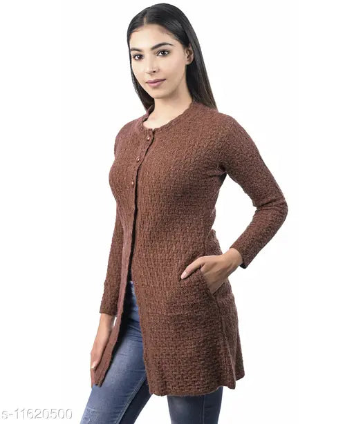 Acrylic Ogarti designer long-sleeve womens cardigan, self-design knitted pattern. Women's fashion accessory on display." (125 characters)