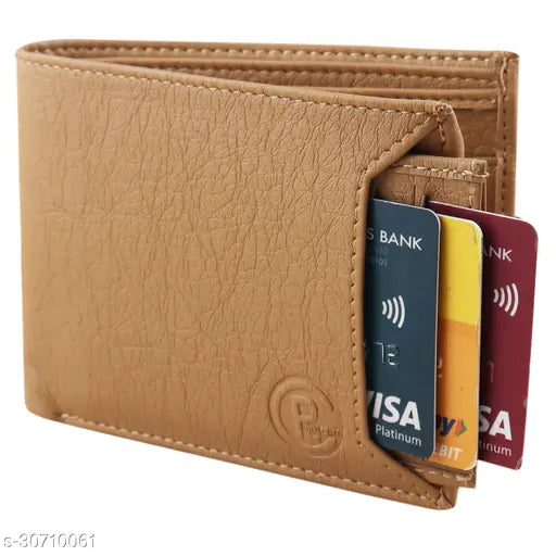 Trendy men beige PU two-fold wallet, free size (11cm x 7cm), practical for daily use