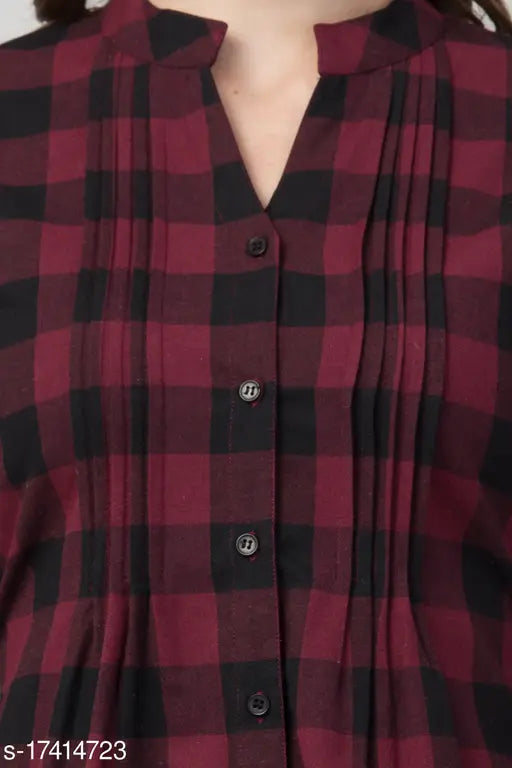 Checked cotton kurti top with pleats and three-quarter sleeves, XS (Bust 32in, Length 33in), Indian handcrafted fashion