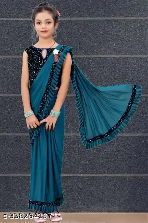 Festive Lycra blend saree for baby girl, solid net pattern, vibrant wedding and party wear