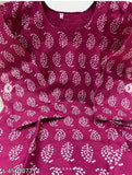 Pink viscose rayon kurti with matching pants, printed net design on display, size M (Bust 38in, Shoulder 14in, Kurta Waist 36in, Kurta Length 44in, Bottom Waist 36in, Bottom Length 39in)