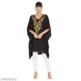Black rayon embroidered kaftan top, short sleeves, Indian origin