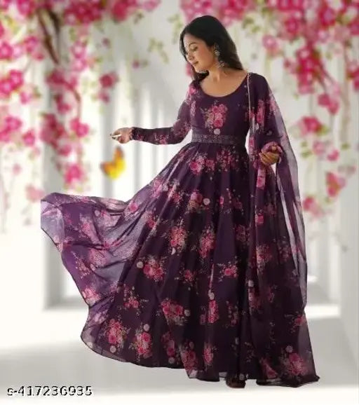 Georgette printed wine gown, women's partywear with inner crepe, adjustable belt and dupatta included - beautiful flowers print