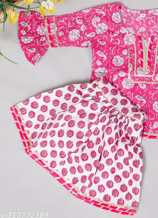 Pure cotton embroidered baby pink kurti sharara set by Spack Jerrow, perfect for girls' playtime and ethnic wear