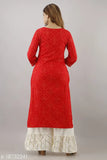 Long red embroidered women's kurta with dupatta and sharara design