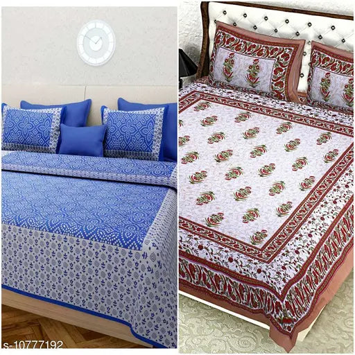 Red and white cotton double bedsheet set with 4 pillow covers, 2-piece pack.