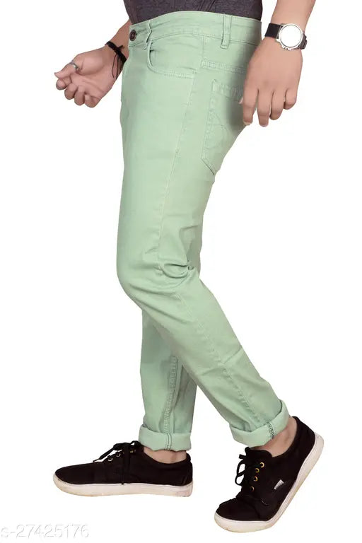 Black cotton blend men's slim green jeans, regular fit with 3 pockets for comfortable wear (Size 30, 42, 46, India origin)