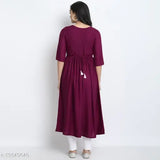Purple cotton long-sleeve traditional kurti with side pocket, elbow length