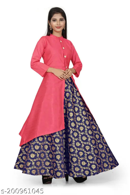 Pink printed jacquard cotton gown, three-quarter sleeves for girls aged 3-15 years, origin from India