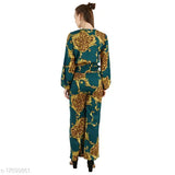 Green polyester women's animal print v-neck jumpsuit on hanger, size M