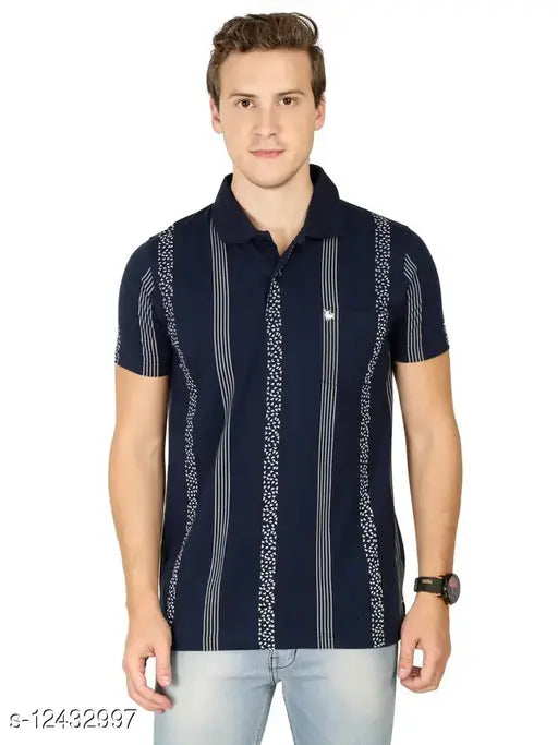 BULLMER Men's Printed Polo Navy Blue Tshirts