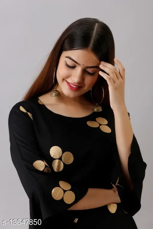 Black rayon printed kurta set with matching dupatta