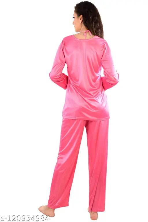 Coral pink satin square neck full sleeve night suit set for women, soft and smooth material for comfortable chic sleepwear