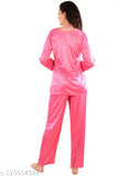 Coral pink satin square neck full sleeve night suit set for women, soft and smooth material for comfortable chic sleepwear