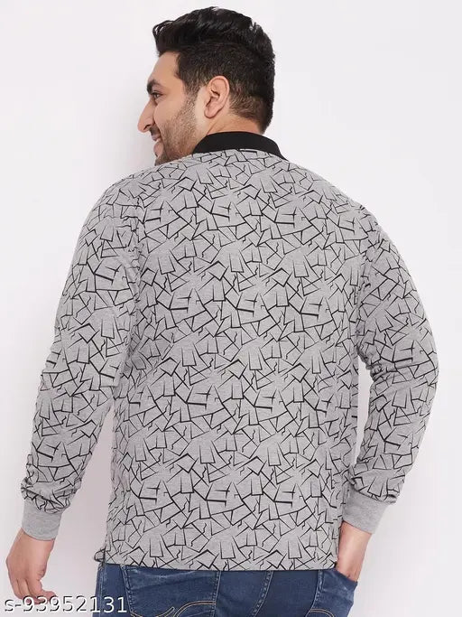 Grey cotton blend checked print plus size long sleeve Wild West t-shirt for men, stylish and trendy