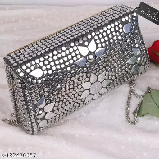Silver metal handbag, floral patterned with sequins and beads