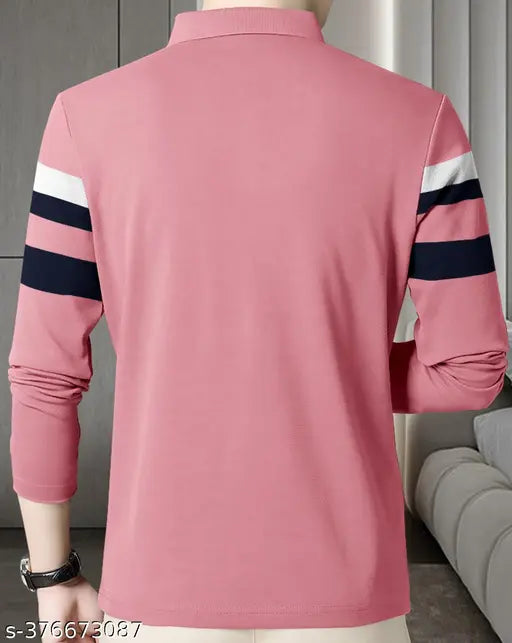 Pink cotton long-sleeved men's striped polo t-shirt, super combed material, breathable & soft, perfect for any outfit or occasion