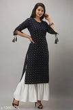 Black printed cotton slub kurta, rayon sherwani set