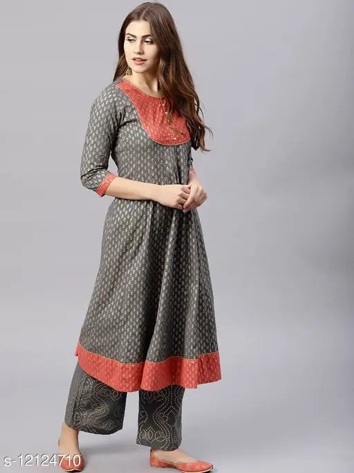 Red and grey women ethnic front slit kurti