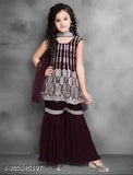 Brown georgette anarkali sharara with sequined embroidered top and dupatta set for girls aged 3-14 years, India origin