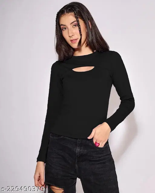 Shriez women's cotton linen chest cutout fullsleeve t-shirt, solid net design in XL size (bust 42in, length 25in), adds glamour to casual ensembles