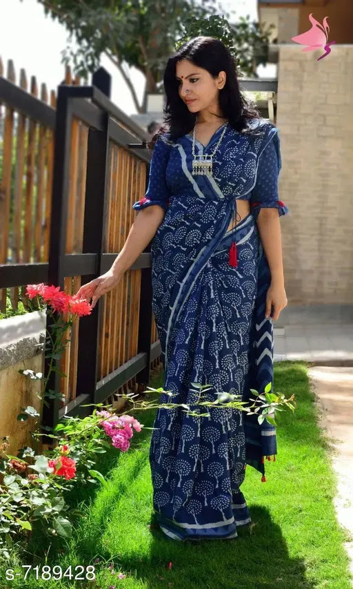 A navy blue unstitched cotton saree from Jaipur with a hand block print