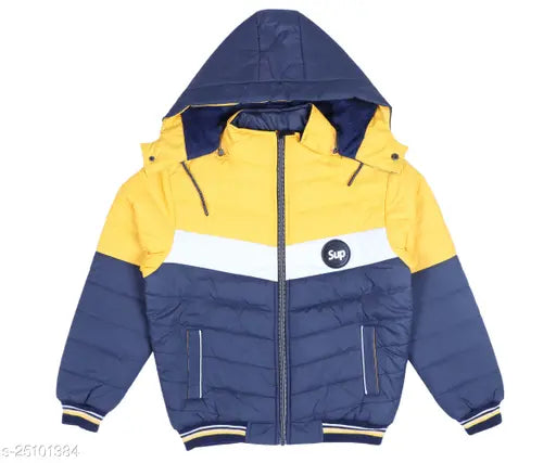 Yellow and blue padded winter coat with zip closure
