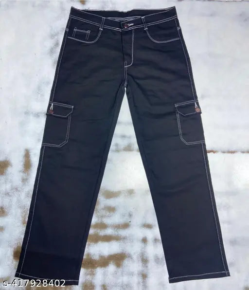 Black denim six pocket jeans for men - solid, high-quality Indian-made men's jean (size 28/waist 28in, length 39in, hip 34in)