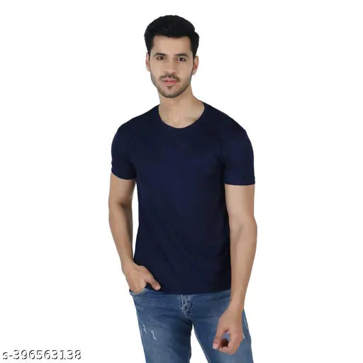Cotton blend round neck T-shirt for men, solid design in 3 sizes: S, M, L, XL, XXL. Perfect casual wear, premium breathable fabric, made in India