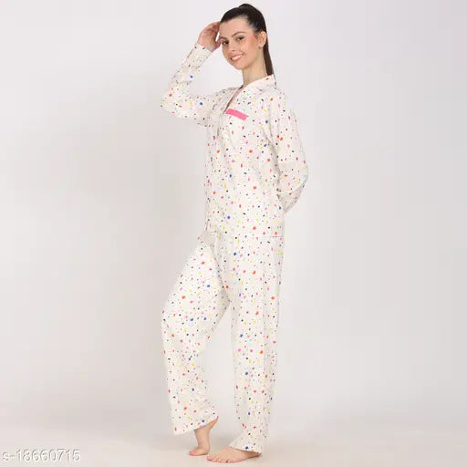 White rayon star moon print women's loungewear set with long sleeves and matching pyjamas, printed design on display
