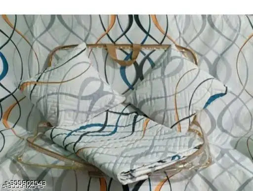 shiv handloom 220 TC 5 Piece Bedding Set with 1 Pc Bedsheet , 2 Pc Quilted Cushion with Zip , 2 Pc Pillow Covers & 2 Pc Cushion Fillers - Heavy Glace Cotton (Multicolour, 90 inches X 100 Inches)