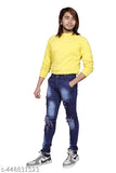 Ripped blue denim men's skinny fit jeans with light yellow top