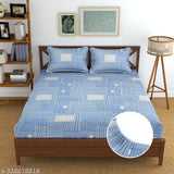 Blue geometric printed premium cotton bedsheets set, elastic fitted for double bed with 2 matching pillow covers