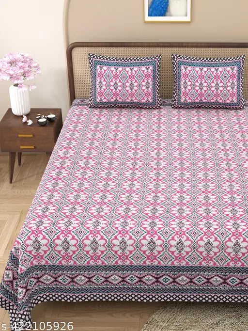 CLOTHOLOGY 180 TC 100% Cotton King Size Bed Jaipuri Prints Printed Flat Bedsheet with 2 Pillow Covers, (Pack of 1), Popularly Known as (100x108) Bed Sheet King Bed Cotton
