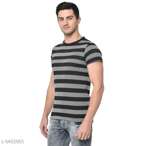 Multicolor printed cotton round-neck t-shirt for men by Vimal Jonney, size M-XXXL, on a hanger