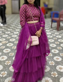 Silk and net Jivika Ensemble women's lehenga set with embroidered top, solid bottom, and lace dupatta, semi-stitched, India origin