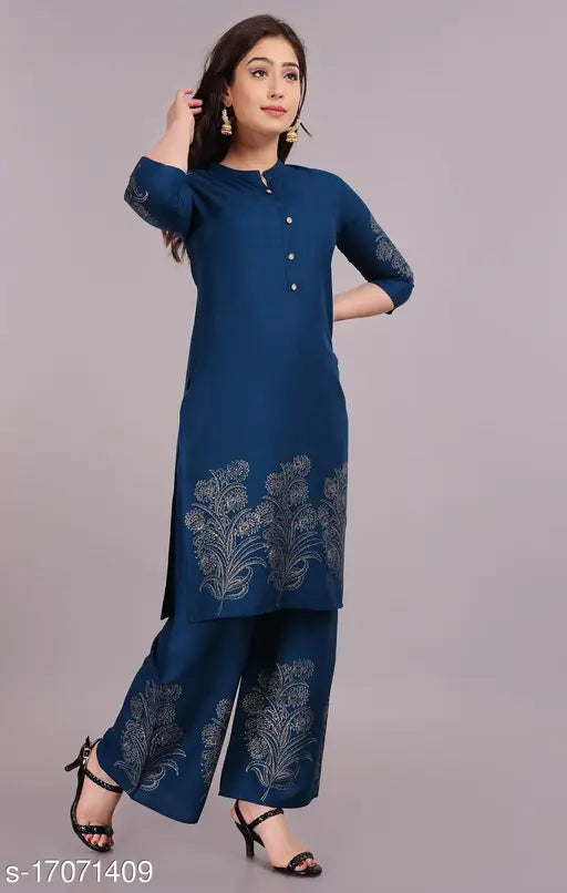 Rayon hand-block gold print stitched kurti-palazzo set, beautiful women's fashion in three-quarter sleeves, Indian origin