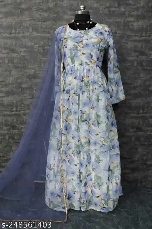 Stylish printed georgette gown with dupatta for women's parties, weddings, festivals. Long-sleeved Indian fashion in sizes S-XXXXL. Beautifully hand-washed