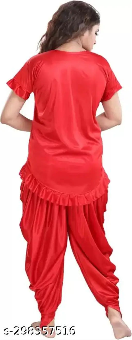 Red silk satin Patiala top & acrylic pants nightwear suit, women's and girls fashion from Mishka Fashion