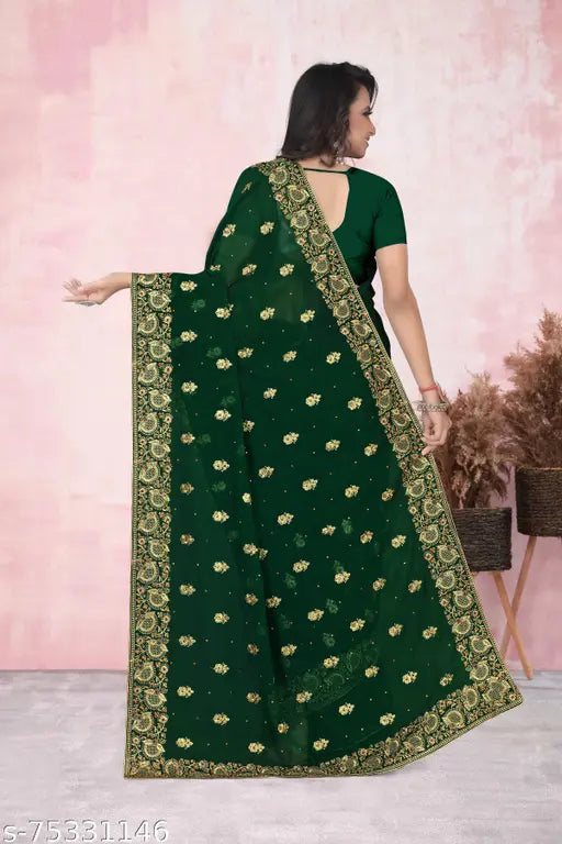 Green embroidered saree with pallu, worn with black blouse