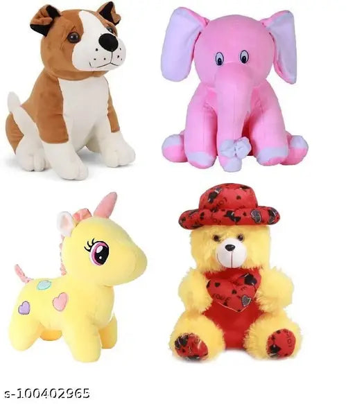 Yellow Love Cap Unicorn, Pink Elephant, Bull Dog Stuffed Toy (25-30 CM), adorable children's soft toy collection from India