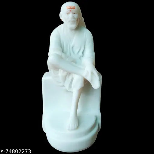 White marble Shirdi Sai Baba idol statue for home decor & gifting (6-inch), includes free Rudraksh garland mala