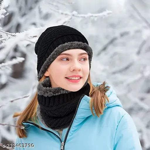 Black wool winter knit neck warmer scarf & skull cap set, self-designed beanie pattern