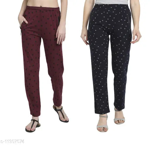 Lower pajama: Navy blue polka dot sweatpants and magenta pajama pants