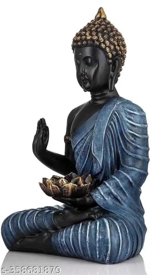 Pearlblue resin Buddha statue, perfect for home or office décor. Handcrafted by skilled artisans, ideal for living room, study room, or showcase." (124 characters)