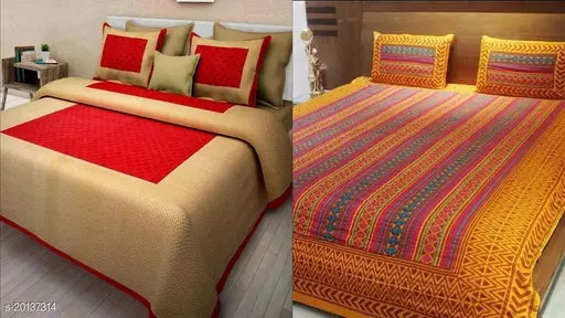 Jaipuri cotton double bed sheets combo pack, 160 thread count with 4 pillow covers, India-made for queen size beds